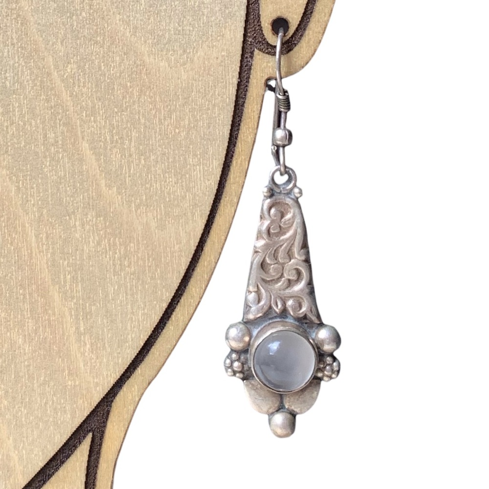 Vintage Estate Sterling Silver Ornate Cat Eye Stone Woman’s Earrings Jewelry